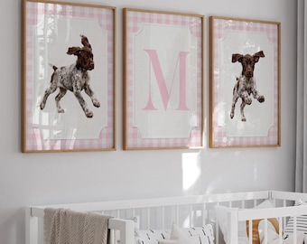 German Shorthaired Pointer Wall Art Set of 3, GSP Puppy Girl Nursery Decor, Pink Gingham Bird Dog Print, Personalized Initial Baby Girl Gift