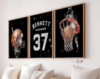 Personalized Sports Nursery Art – Football Helmet, Basketball Hoop Prints