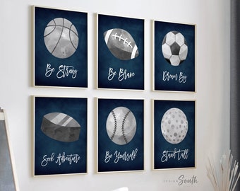 Navy blue and gray sports kids room, boys sports nursery wall art poster prints, gift for boy birthday party sports theme, navy gray bedroom