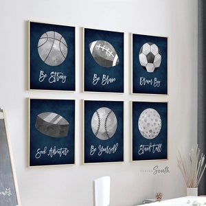 Navy blue and gray sports kids room, boys sports nursery wall art poster prints, gift for boy birthday party sports theme, navy gray bedroom