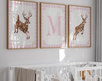 Whitetail Deer Nursery Wall Art Set, Baby Girl Hunting Decor, Jumping Buck Prints, Pink Gingham, Personalized Initial Deer Hunter Room Art