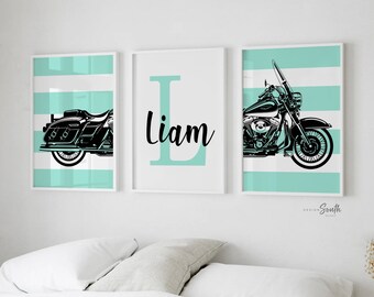Motorcycle Nursery Art Prints: Black & Teal, Personalized Name