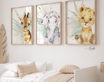 Safari-Kinderzimmer-Kunstdrucke: Löwenjunges, Elefant & Giraffe – Tropische Dekoration