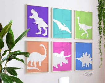 Colorful Dinosaur Art Prints: Girl's Nursery Wall Decor