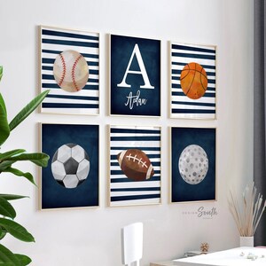 Sports collection print set boys name, sports theme wall pictures, sports art personalized gift, baseball football kids wall art boy nursery