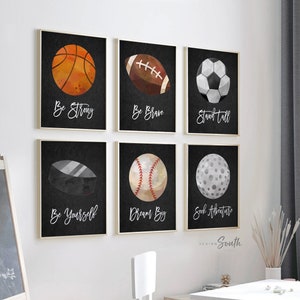 Sports collection art set of 6, boys sports nursery wall art prints, boy sports theme, boy sports inspirational positivity prints bedroom