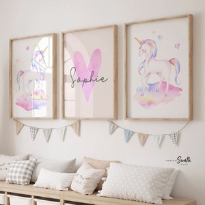 Unicorn Nursery Decor: Personalized Name Prints, Pastel Girls Room Art