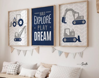 Room Construction Themed Nursery Construction Truck Nursery Prints: Navy  Blue Gray Boys Room