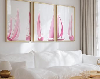 Pink Sailboat Watercolor Print Set: Coastal Nursery Bathroom Art