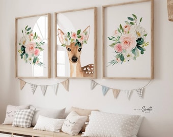 Blush Pink Fawn Nursery Art Prints: Baby Girl Woodland Decor