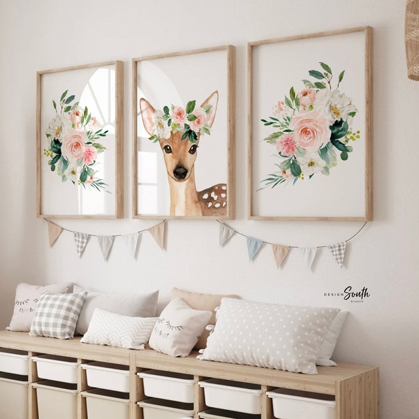 Blush pink baby deer nursery for girls, fawn nursery art, nursery decor pink fawn, baby girl woodland, pink woodland nursery, baby deer