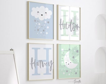 Twin Boy Nursery Art: Moon, Stars, Cloud Prints