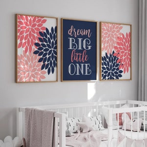 Coral Navy Floral Girl&#39;s Nursery Art Prints: &quot;Dream Big&quot; Quote