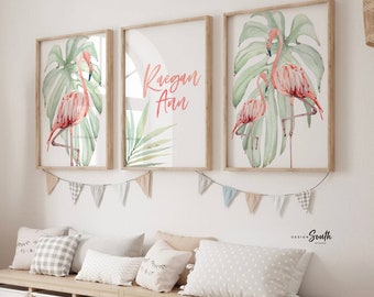 Flamingo print art set, above crib tropical wall, flamingo nursery decor, baby room decor, newborn flamingo nursery pink and green