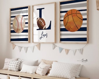 Stripes boys room decor, sports themed prints personalized, sports baby shower gift, navy blue and gray sports art print, sports baby room