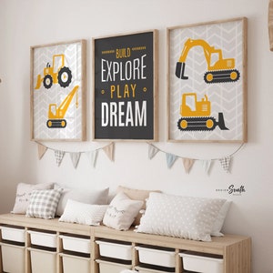 Build explore play dream, big boy bedroom construction, digger prints, digger wall art, boys construction theme bedroom, boys bedroom decor