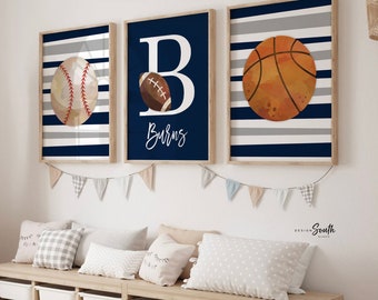 Sports room art, sports wall prints customized kids name, nursery decor sports theme, set of three above crib sports, boy bedroom sports art