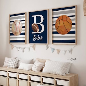 Sports room art, sports wall prints customized kids name, nursery decor sports theme, set of three above crib sports, boy bedroom sports art
