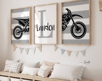 Dirt bike room decorating ideas, customized name motocross dirt bike wall art boys room, dirt bike theme bedroom playroom nursery, boys gift