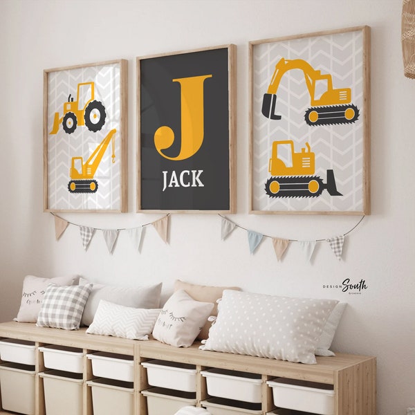 Gray construction nursery trucks, boy construction wall art, yellow gray dump truck theme decor, big boy construction room personalized name