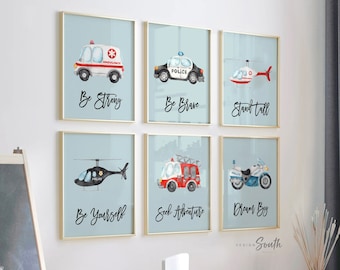 Watercolor Emergency Vehicle Prints: Boy Room Transportation Wall Art