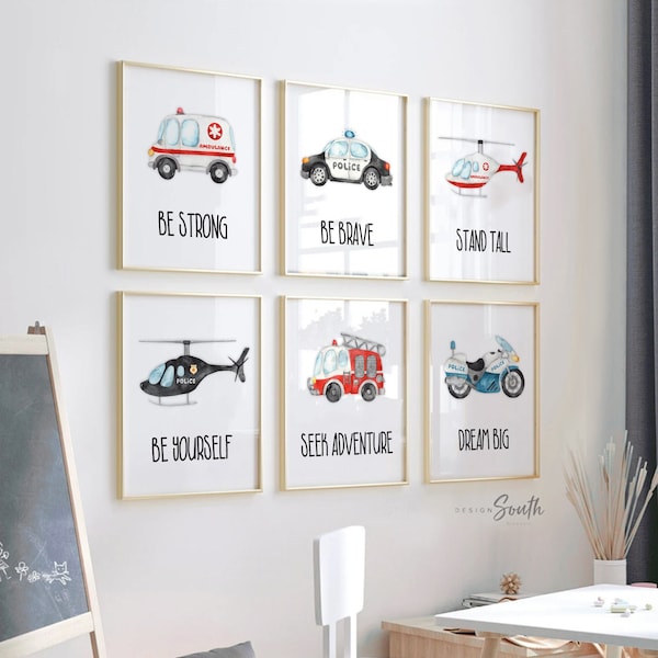 Rescue vehicle wall art, emergency vehicles nursery art, toddler room decor, big boy bedroom, transportation nursery, vehicles wall art set