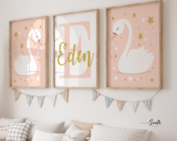 Blush nursery decor, blush baby room art, little girl swan nursery wall decor, girls blush gold nursery, swan nursery decor, baby girl swan