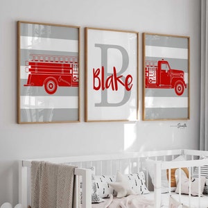 Firefighter nursery art, baby boy fireman gift, wall art boys bedroom decor, fire truck theme decor, kids fireman wall art prints baby boy