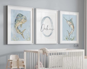 Marlin & Mahi Mahi Wall Art Set of 3, Personalized Boys Fishing Nursery Decor, Dorado Fish Prints, Monogram Name, Coastal Ocean Bedroom Art