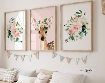 Blush Pink Fawn Nursery Art Prints: Baby Girl Woodland Decor