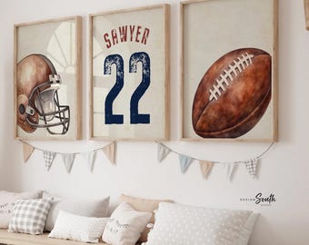 Vintage Watercolor Football Nursery Prints – Custom Name Helmet Ball (Set of 3)