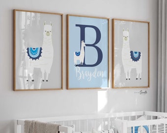 Llama Nursery Art: Personalized Name Print Set, Baby Blue Decor