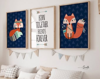 Twin Boy Nursery Art Prints: Tribal Fox Decor, "Born Together" Quote