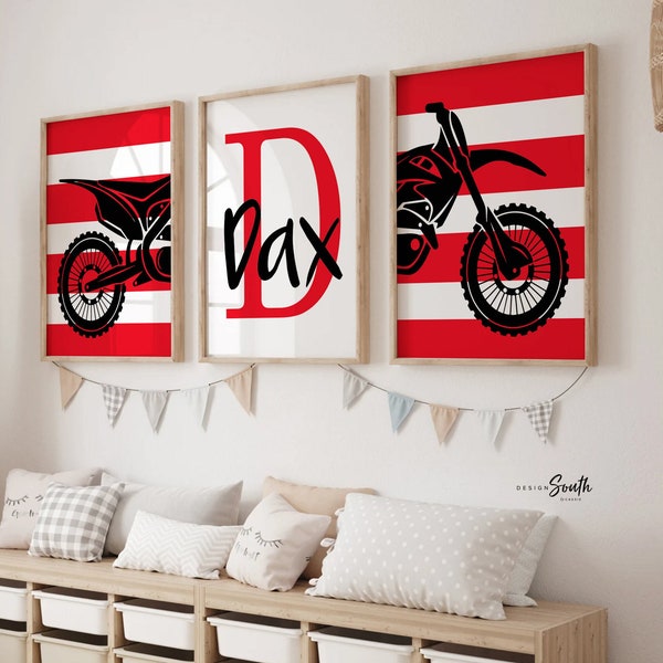 Red black dirt bike themed room wall art, kid name racing bedroom, personalized kids name decor art print, motocross bedroom theme for boy