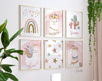 Boho Llama Nursery Art Print Set: Mauve Pink Decor