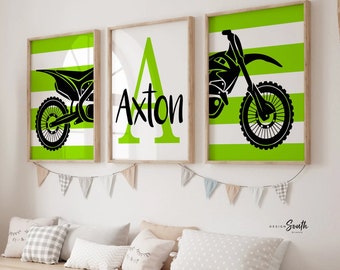 Boys dirt bike nursery, black and lime green, dirt bike nursery wall art boys, personalized name art boy bedroom lime green, dirt bike kid