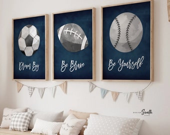 Navy blue and gray sports kids room, boys sports nursery wall art poster prints, gift for boy birthday party sports theme, navy gray bedroom