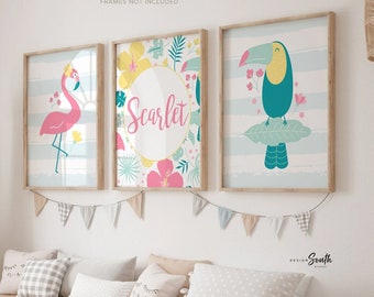 Tropical Nursery Wall Art: Flamingo, Parrot, Personalized Girls Room Decor