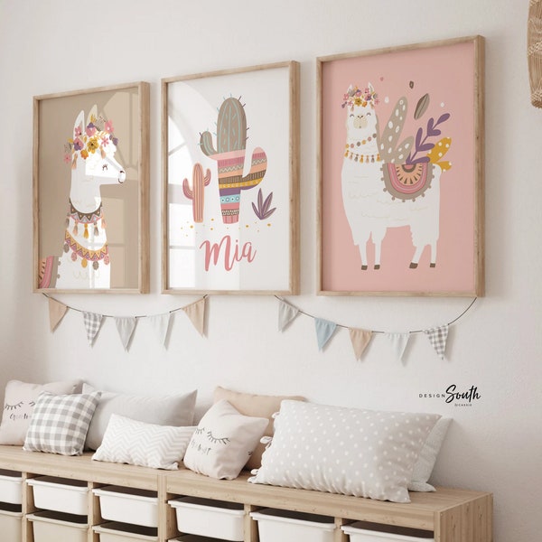 Baby girl nursery muted pink, floral llama pale pinks, baby alpaca decor mauve, crown animal llama pictures print set, bedroom girl's name