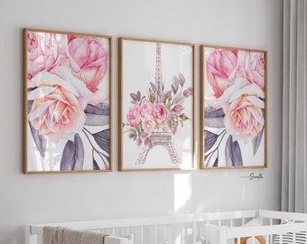 Paris Nursery Decor Prints: Eiffel Tower, Pink Roses (Unframed)
