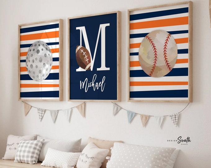 Sports wall art navy blue and orange, retro sports decor gift, sports art, personalized name picture sports theme, little boy sports custom