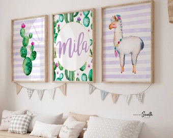 Llama Nursery Art Prints: Watercolor Cactus, Monogram Decor