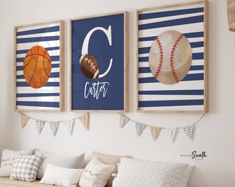 Sports wall art vintage, retro sports decor gift, vintage sports art, personalized name picture sports theme, little boy room sports custom