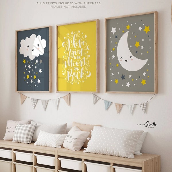 Navy blue and yellow boys nursery wall art, navy blue yellow and gray, i love you to the moon, star nursery, cloud nursery, yellow navy boy