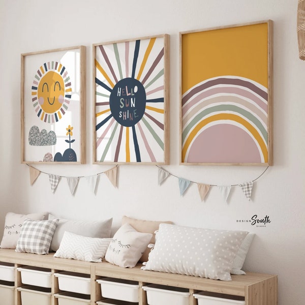 Sunshine nursery wall art, hello sunshine sun rays clouds rainbow neutral colors, gender neutral baby room wall art, unisex themes room idea