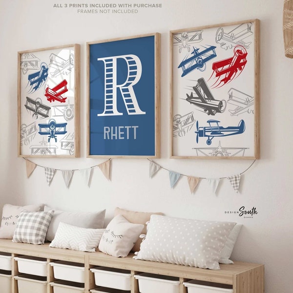 Blue and red airplane aviation flight nursery wall art, airplane baby decor, planes boy nursery, flying planes boys bedroom red and blue kid