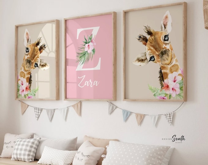 Giraffe nursery art for girl, pink floral giraffe wall art, girl giraffe nursery wall art tropical, pink flowers giraffe, baby shower gift