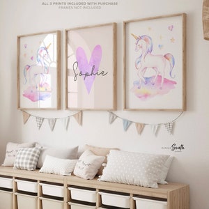 Unicorn Nursery Art Prints: Rainbow Theme, Personalized Name Print