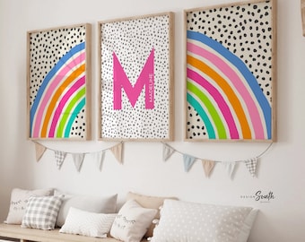 Bright rainbow decor for girl, bedroom decor rainbow theme, blue pink orange teal wall art for girl, bright playroom decor personalized name