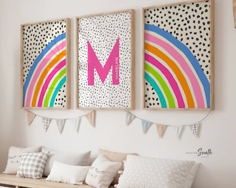 Bright rainbow decor for girl, bedroom decor rainbow theme, blue pink orange teal wall art for girl, bright playroom decor personalized name